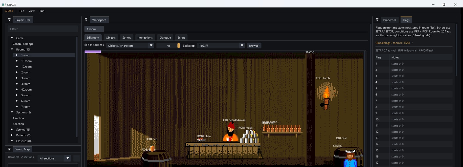 grace_editor editing room 1 with backdrop, objects, project tree and world map